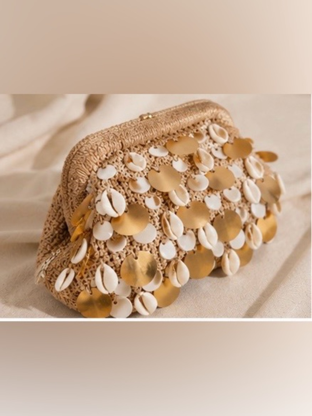 Boho Shell & Gold Sequin Handwoven Clutch Bag | Beach Vacation Evening Purse